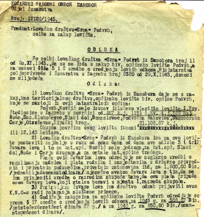 Odluka o zakupu lovišta 1945.