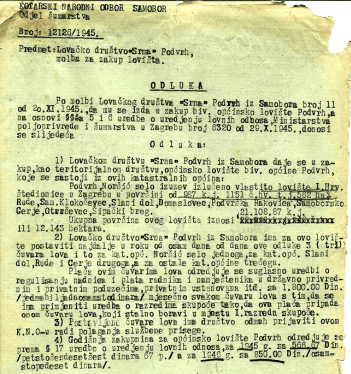 Odluka o zakupu lovišta 1945.